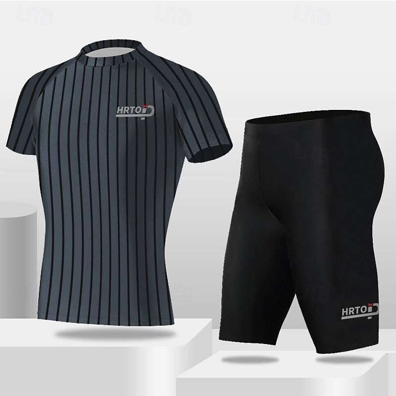 Men's 2 Piece Rash Guard Surfing Shirt Swimsuit Shorts Stripes UV Sun Protection Quick Dry Short Sleeve Swimwear Beach Water Sports Swimming Summer 2026 - $26.99 –P3