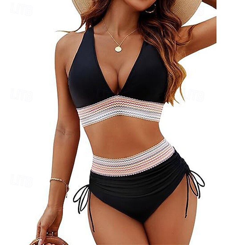 Dames Gerimpeld badpak Bikini-sets Zwemkleding Effen Zwemkleding Licht Blauw Zwart Ademend Mouwloos - Surfen Strand Zwemmen Zomer 2026 - $18.99 –P3