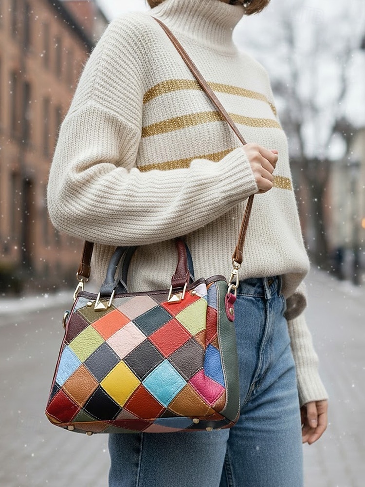 borsa da donna in pelle, design patchwork multicolore, materiale in vera pelle, versatile con manici superiori e tracolla regolabile, elegante e funzionale per l'uso quotidiano e le occasioni speciali del 2026 a $59.99 –P2