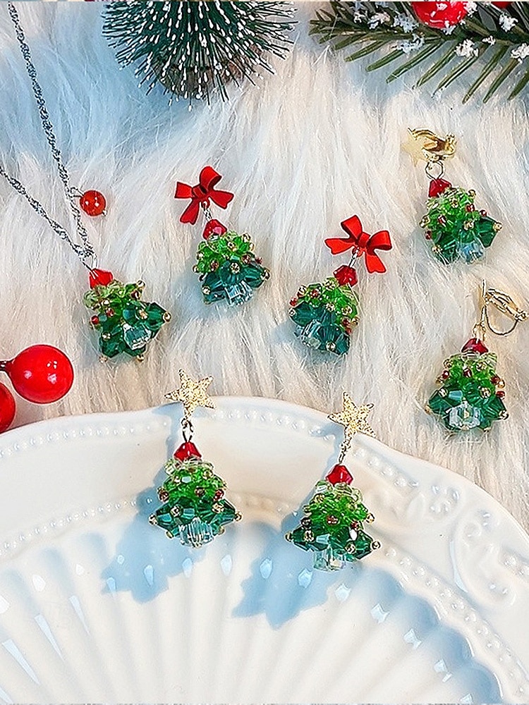 Bijuterii acrilice de Crăciun pentru femei – colier și cercei cu brad festiv și funde roșii, perfecți pentru petreceri și sărbători 2026 - $9.99 –P12