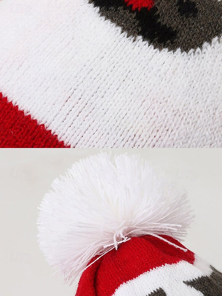 Stickad julmössa för kvinnor – röd med renmönster och pom-pom, polyestermaterial, perfekt för högtider och vinterkläder 2026 - $11.99 –P9