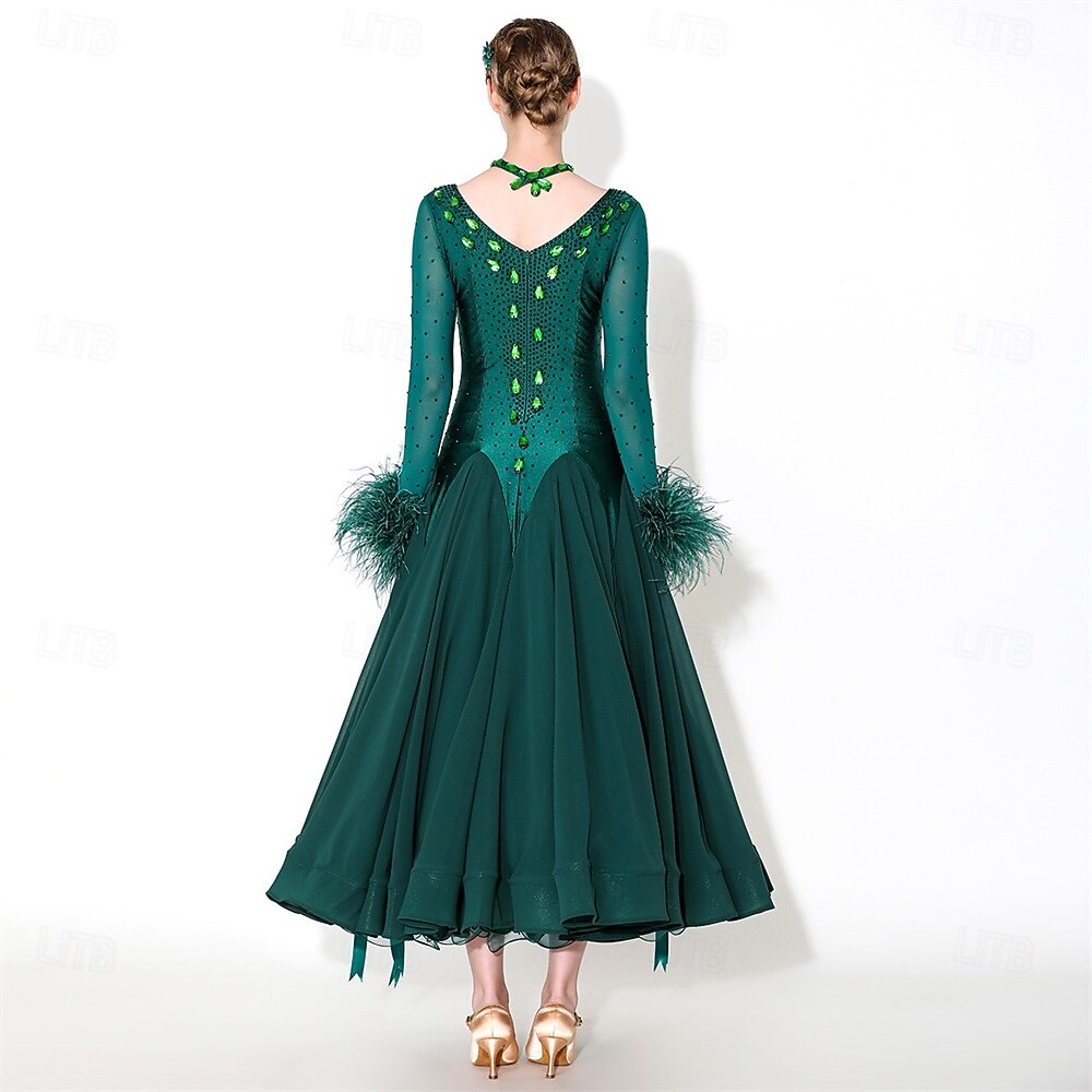 Women's Elegant Emerald Green Ballroom Dance Dress Feather Cuff & Rhinestone Detail Waltz Tango Modern Rumba Competition Performance Gown 2026