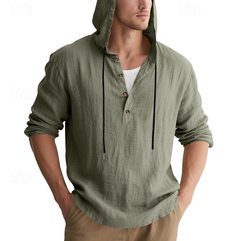 Men's Shirt Popover Shirt Summer Shirt Casual Shirt Beach Shirt Black White Yellow Navy Blue khaki Long Sleeve Solid Color Hooded Vacation Casual Drawstring Clothing Apparel Fashion Casual Comfortable 2026 - $28.99 –P12