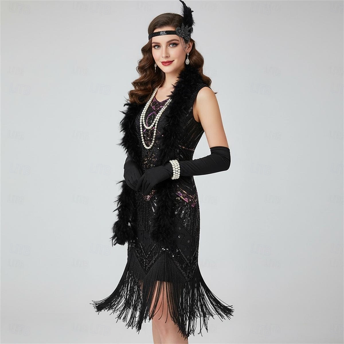Set Anni Ruggenti Anni 1920 Lunghezza al ginocchio Vestito Abito Flapper Abiti con accessori Senza maniche Il grande Gatsby Charleston Invitato al matrimonio Paillettes Frangia con nappe Piuma Scollo del 2026 a $77.99 –P1
