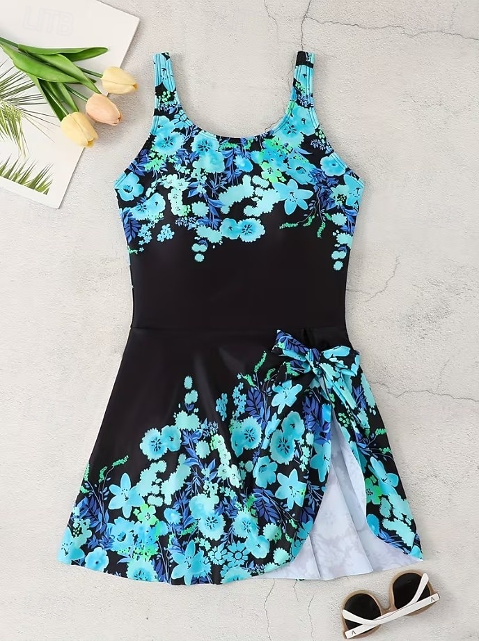 Maiô Feminino de Uma Peça com Saia Roupas de Praia de Férias Floral Gráfico Decote U Sem Mangas de 2026 por $49.99 –P4