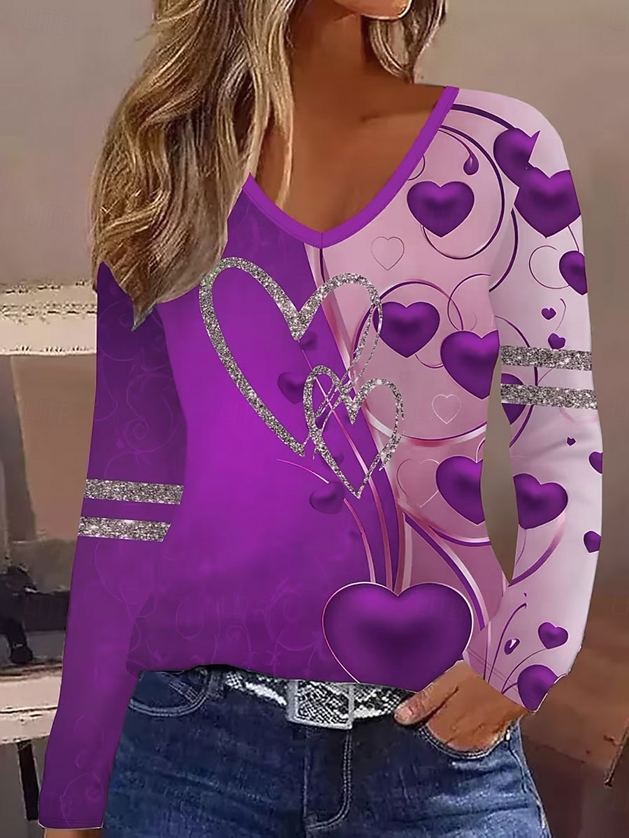 Γυναικεία Μπλουζάκι Στάμπα Ombre Καρδιά Γραφική Βίντατζ Στυλάτο Κλασσικό Μακρυμάνικο Λαιμόκοψη V Κανονικά μπλουζάκια Καθημερινά Θαλασσί Ρουμπίνι Βυσσινί Πράσινο του τριφυλλιού Άνοιξη Φθινόπωρο 2026 - $24.99 –P4