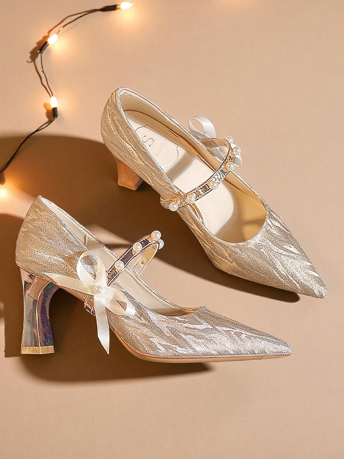 Scarpe con tacco da donna con cinturino in perle glitterate color argento - eleganti décolleté con punta a punta e fiocco per spose e cerimonie formali del 2025 a $54.99 –P6