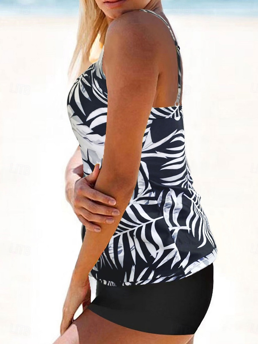 Costume da bagno tankini da donna 2 pezzi pantaloni corti palma controllo pancia vita alta slinguato senza schiena vacanza in spiaggia scollatura a giro floreale senza maniche del 2026 a $25.99 –P2