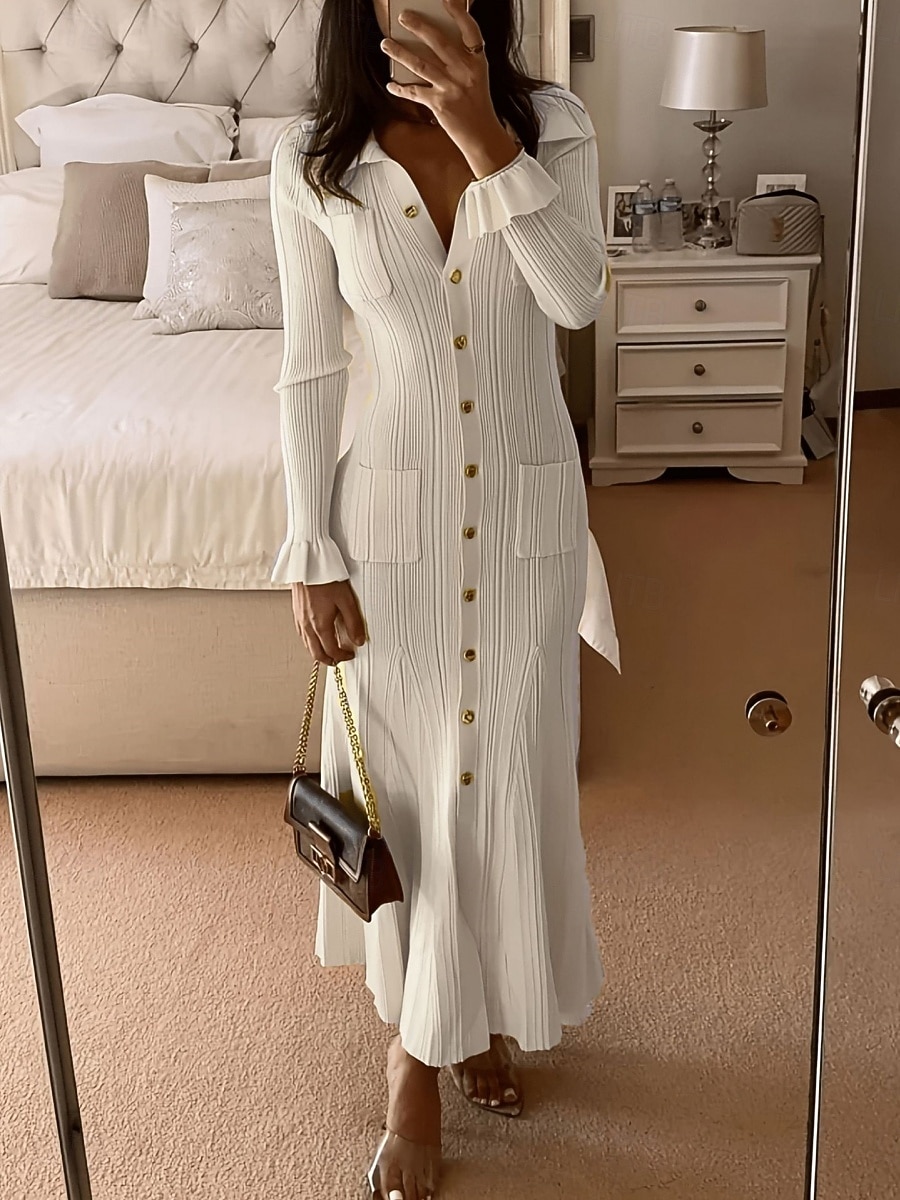 Per donna Abito maxi Tubino Casual Quotidiano Vestibilità regolare Semplice Manica Lunga Collo a V Nero Bianco Giallo Primavera Autunno Inverno del 2026 a $72.99 –P2