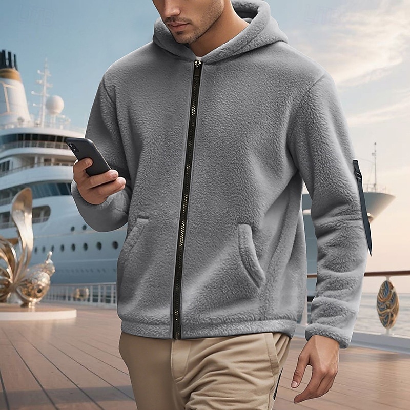 Men's Winter Coat Teddy Coat Casual Jacket Outdoor Casual Thermal Warm Pocket Full Zip Fall Winter Plaid Streetwear Sports & Outdoors Hooded Regular Dark Gray Black Navy Blue Khaki Jacket 2026 - $33.99 –P15