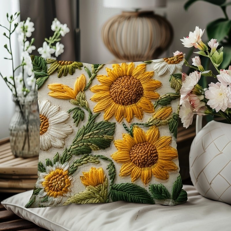Dekorativt örngott i vintagestil med solrosmotiv, 2D-tryck, mjukt polyestertyg med kuddfodral och fuskbroderi, perfekt för vår- och sommarsoffdekorationer i vardagsrummet 2026 - $9.99 –P8