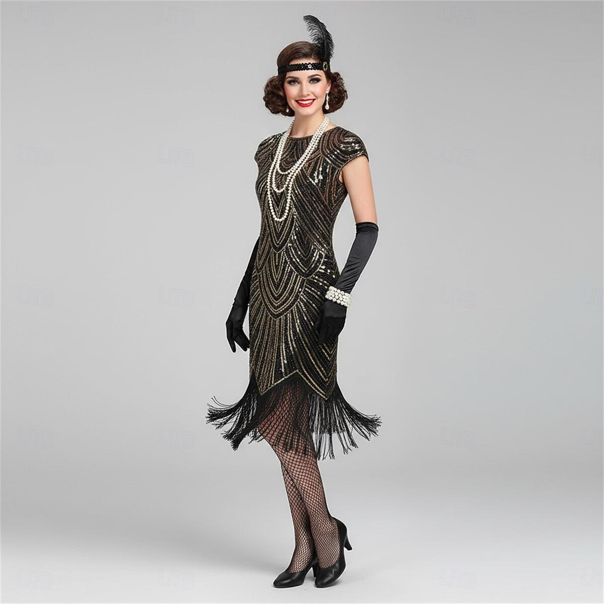 Set Goldene Zwanziger 1920er Knielang Kleid Flapper Kleid Outfits mit Zubehör Cap-Ärmel Der große Gatsby Hochzeitsgast Quastenfransen V Ausschnitt Rundausschnitt Kostüm Damen Karneval Maskerade 2026 - $82.99 –P5