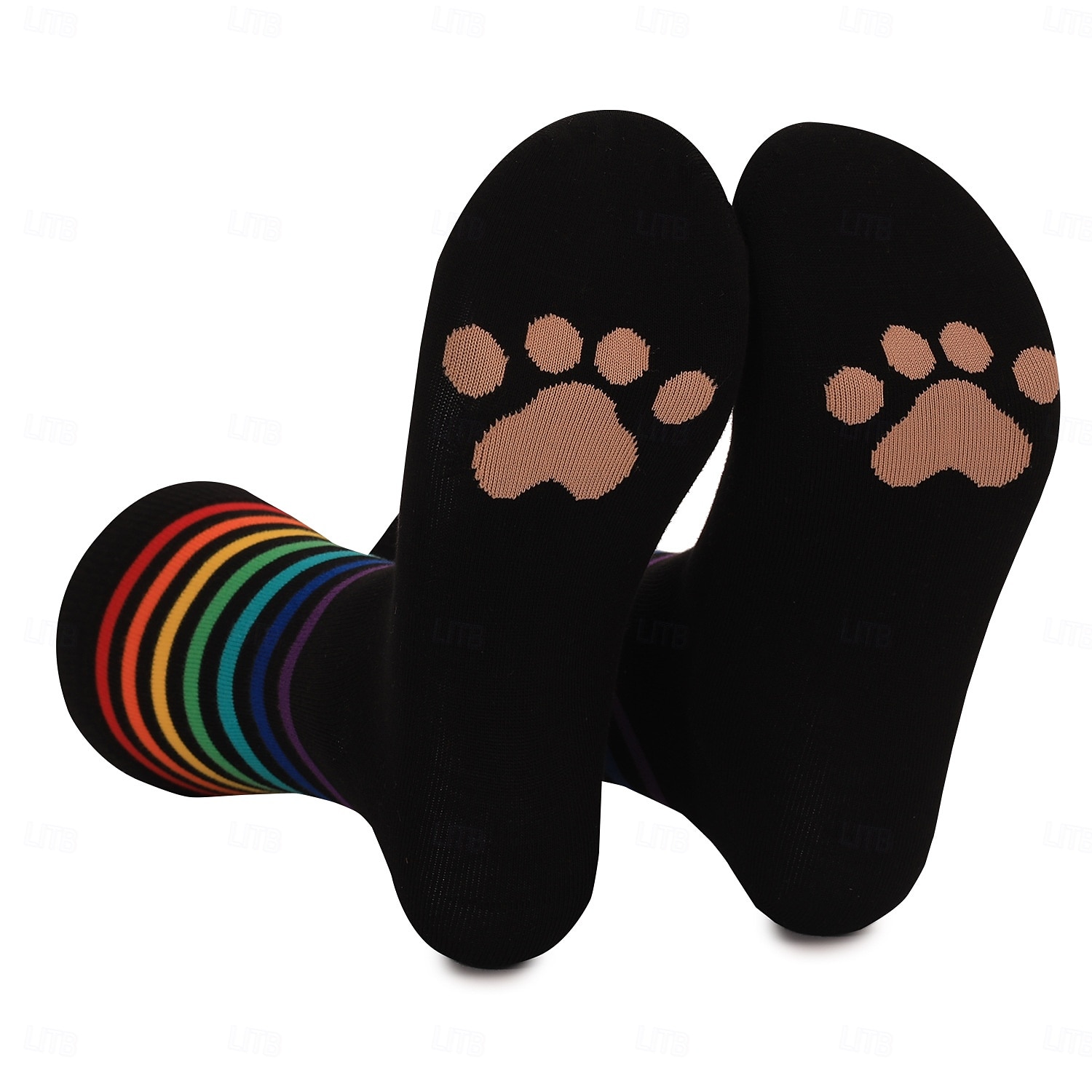 Ponožky do poloviny lýtek s duhovými pruhy a pohlcujícím pot, odolné proti zápachu a potiskem zvířecích tlapek, unisex, pohodlné bavlněné ponožky pro muže i ženy na běžné nošení 2026 - $7.49 –P5