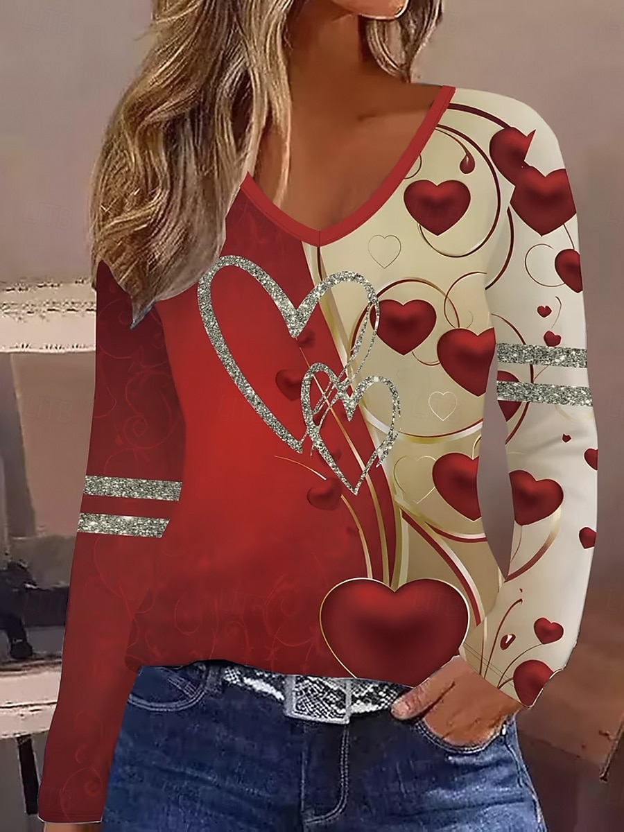 Γυναικεία Μπλουζάκι Στάμπα Ombre Καρδιά Γραφική Βίντατζ Στυλάτο Κλασσικό Μακρυμάνικο Λαιμόκοψη V Κανονικά μπλουζάκια Καθημερινά Θαλασσί Ρουμπίνι Βυσσινί Πράσινο του τριφυλλιού Άνοιξη Φθινόπωρο 2026 - $24.99 –P1