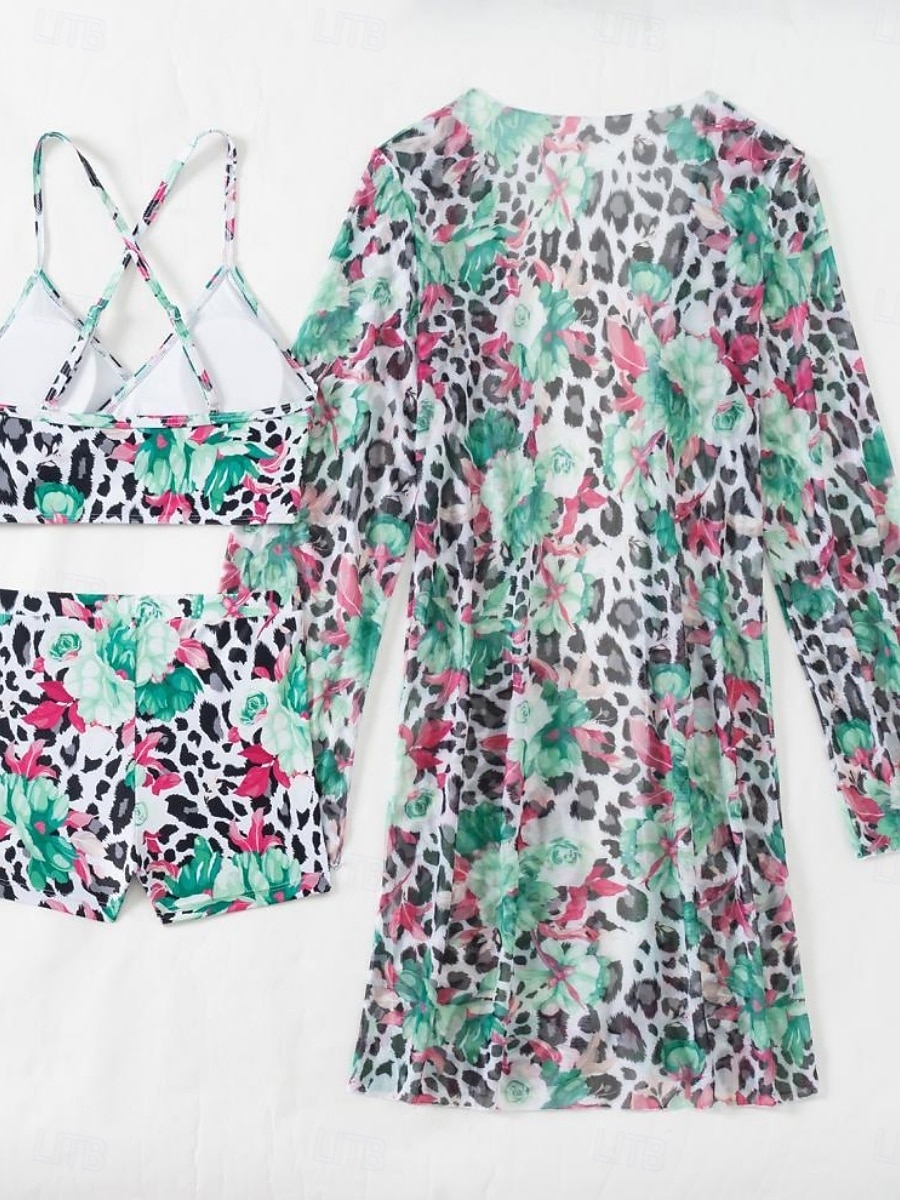 Kobiece bikini 3-częściowy strój kąpielowy szorty smukły bez pleców na wakacje plażowe ubranie kwiatowy dekolt V bez rękawów 2026 - $31.99 –P11