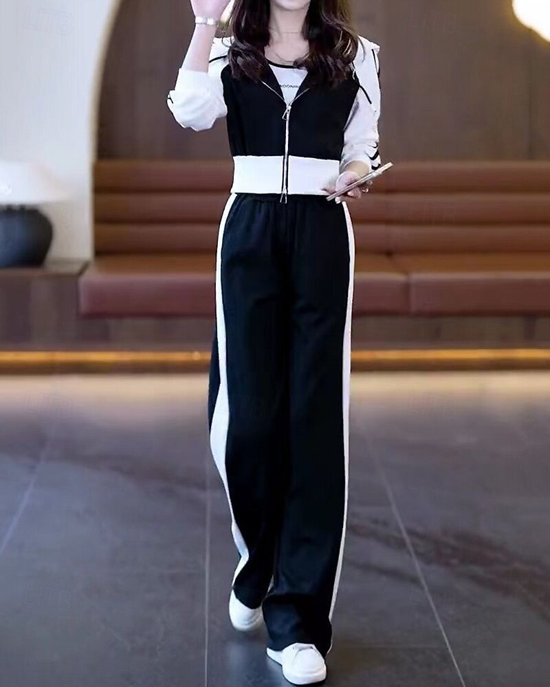 نسائي سويت شيرت بسحاب بنطلون واسع الساق بدلة رياضية من قطعتين رباط ألوان متناوبة أطقم ملابس رياضية الخريف أسود أبيض المشي لمسافات طويلة مهنة ركض كم طويل رياضة ألبسة رياضية مرن نسبياً عادي 2026 - $39.99 –P3