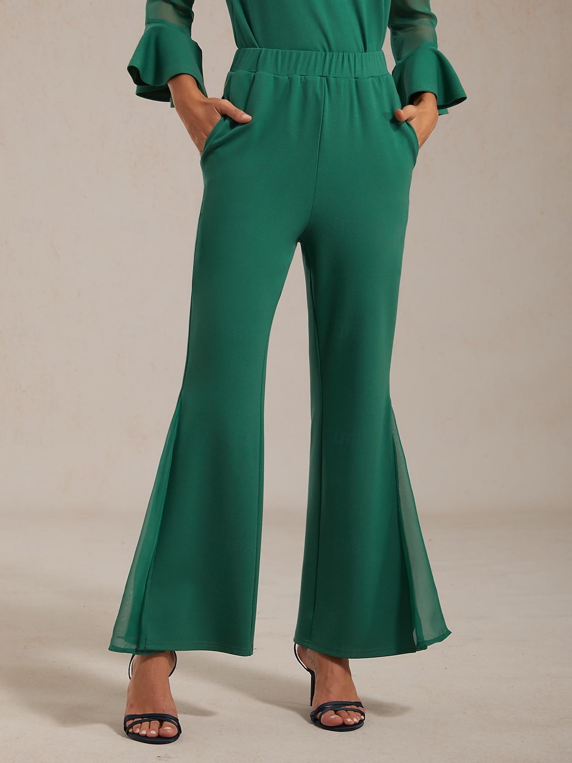 Dámské kalhoty, strečová tkanina, šifon, průsvitné panely, rozšířené nohavice, elastický pas, elegantní, pohodlné, do práce, podzim 2026 - $21.99 –P1