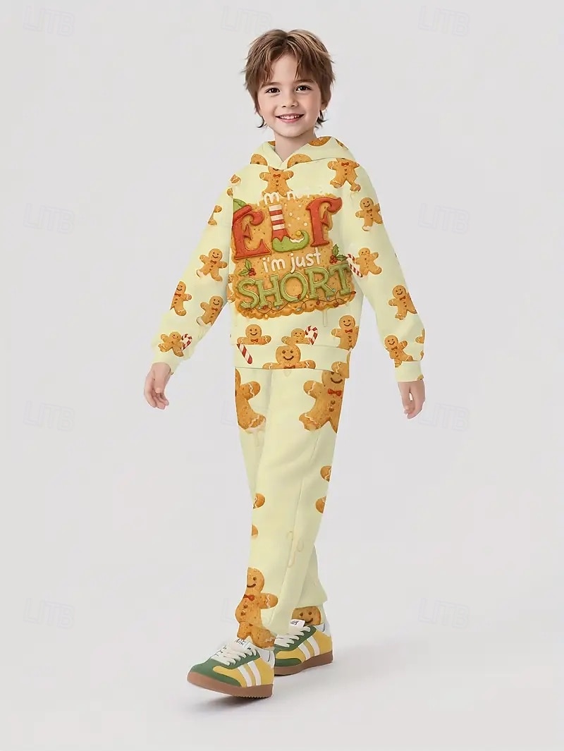 Kerstmis Jongens 3D Grafisch Ruitjes Peperkoek mannen Kerstsets kerstcadeau Set met capuchon en joggingbroek Lange mouw Lente Herfst Dagelijks Basic Casual Kinderen 4 jaar + Capuchon Buiten Vakantie 2025 - $26.99 –P1