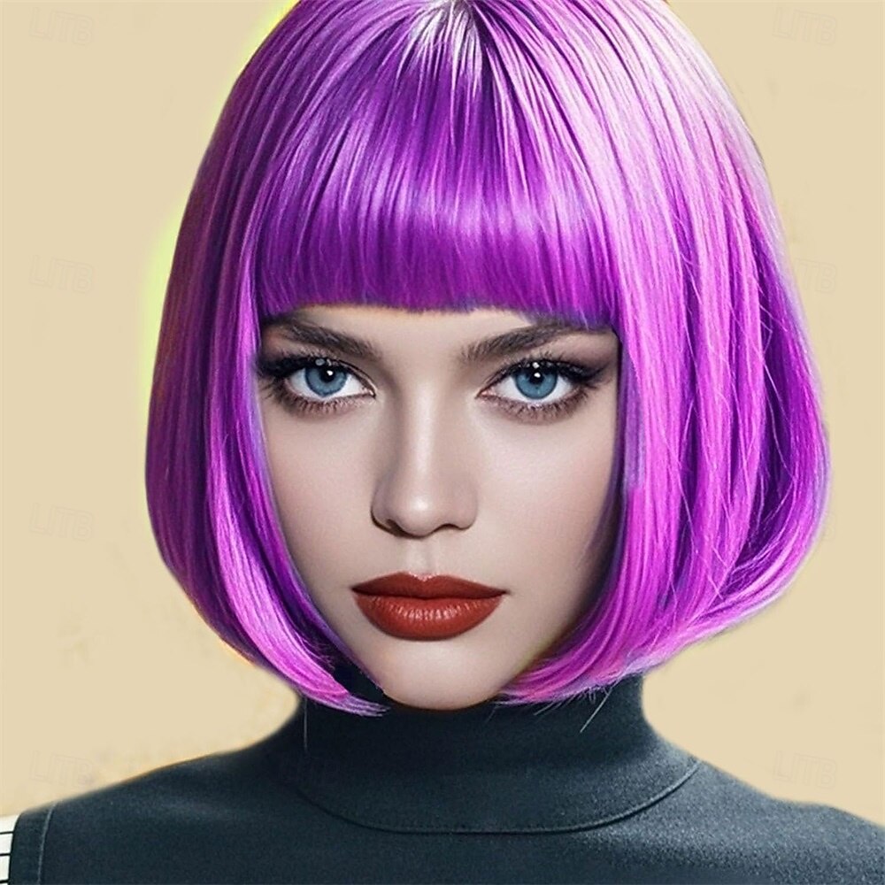 Purple Bob Wig With Bangs 12 Inch Short Synthetic Fiber Bob Wigs for Women Short Bob Wigs and Halloween Cosplay Wig for Daily Life Colorful Wigs With for Carnival Festival Party 2025 - $21.99 –P3
