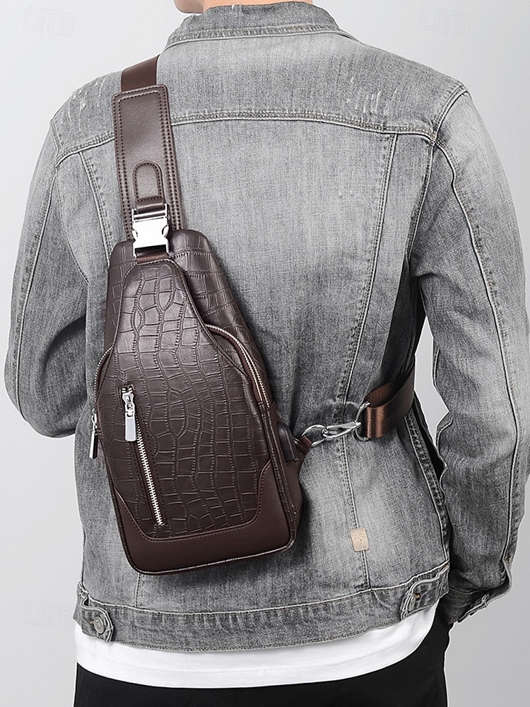 תיק עור לגברים, עמיד למים ועמיד, קיבולת גדולה, דוגמת תנין אופנתית לשימוש חיצוני ויומיומי 2026 - $46.99 –P2