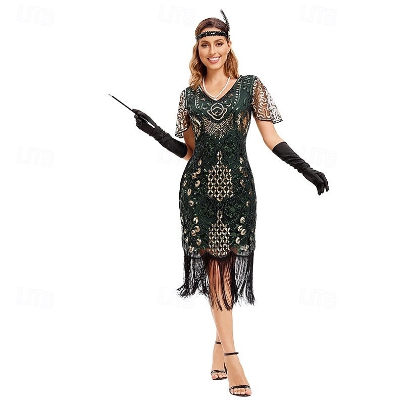 Loucos anos 20 Anos 20 Meio-dia Vestido melindroso Mangas curtas O Grande Gatsby Menina melindrosa Paetês Franja Tubinho Decote V Fantasia Mulheres Natal Carnaval bar clandestino Mascarilha Festa de 2026 por $42.99 –P4