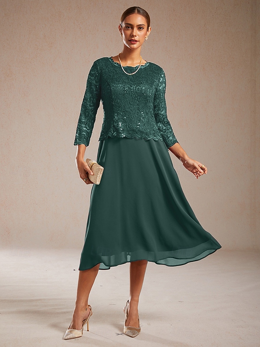 Mulheres Vestido midi Vestido de chiffon Elegante Convidado do casamento Coquetel Festa de Chá Paetês Renda Côr Sólida Manga 3/4 Gola Redonda Verde Esmeralda de 2026 por $103.99 –P7