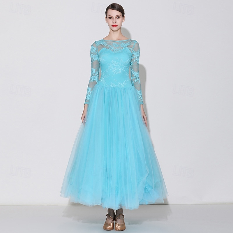 Women's Elegant Turquoise Ballroom Dance Dress Lace Long Sleeve Boat Neck Waltz Tango Modern Rumba Practice Performance Gown 2026 - $159.99 –P1
