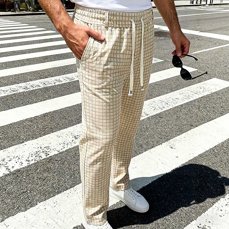Men's Trousers Casual Pants Drawstring Pocket Elastic Waist Plaid Comfort Soft Outdoor Daily Holiday Fashion Classic Style Dark Khaki Light Khaki Micro-elastic 2026 - $24.99 –P4
