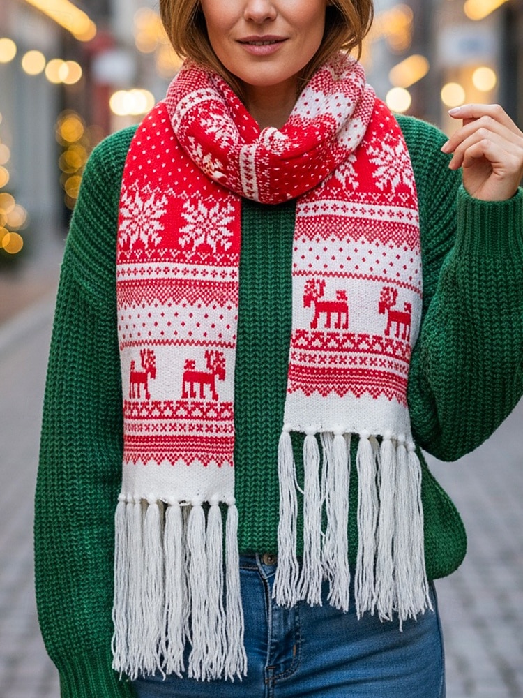 Écharpe de Noël tricotée pour femme, en acrylique, motif jacquard rouge et blanc avec rennes et flocons de neige, accessoire festif d'hiver pour les fêtes de fin d'année de 2026 ? $14.99 –P2