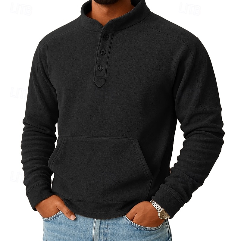 Men's Sweatshirt Fleece Sweatshirt Button Up Hoodie Black Dark Green Khaki Coffee Gray Henley Plain Patchwork Kangaroo Pocket Sports & Outdoor Casual Daily Streetwear Cool Sportswear Fall Winter 2026 - $28.99 –P2