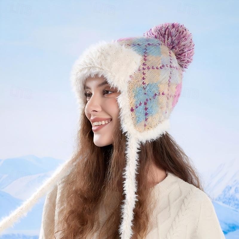 talvinen ulkoiluneulepipo naisille fair isle -tyyliin lämmin hattu, korvaläpät, pehmovuorillinen hiihtopipo, kylmältä säältä suojaava söpö kasvojen hoikentava talvipäähine 2026 - $16.49 –P5