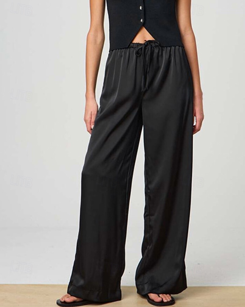 Damen Satinhosen Weites Bein Chinos Hosen Hose Streetwear Lässig Volle Länge Mittlere Taillenlinie Einfach Kordelzug Tasche Bequem Unelastisch Täglich Outdoor Schwarz Sommer Frühling Lässiger Schnitt 2026 - $27.99 –P2