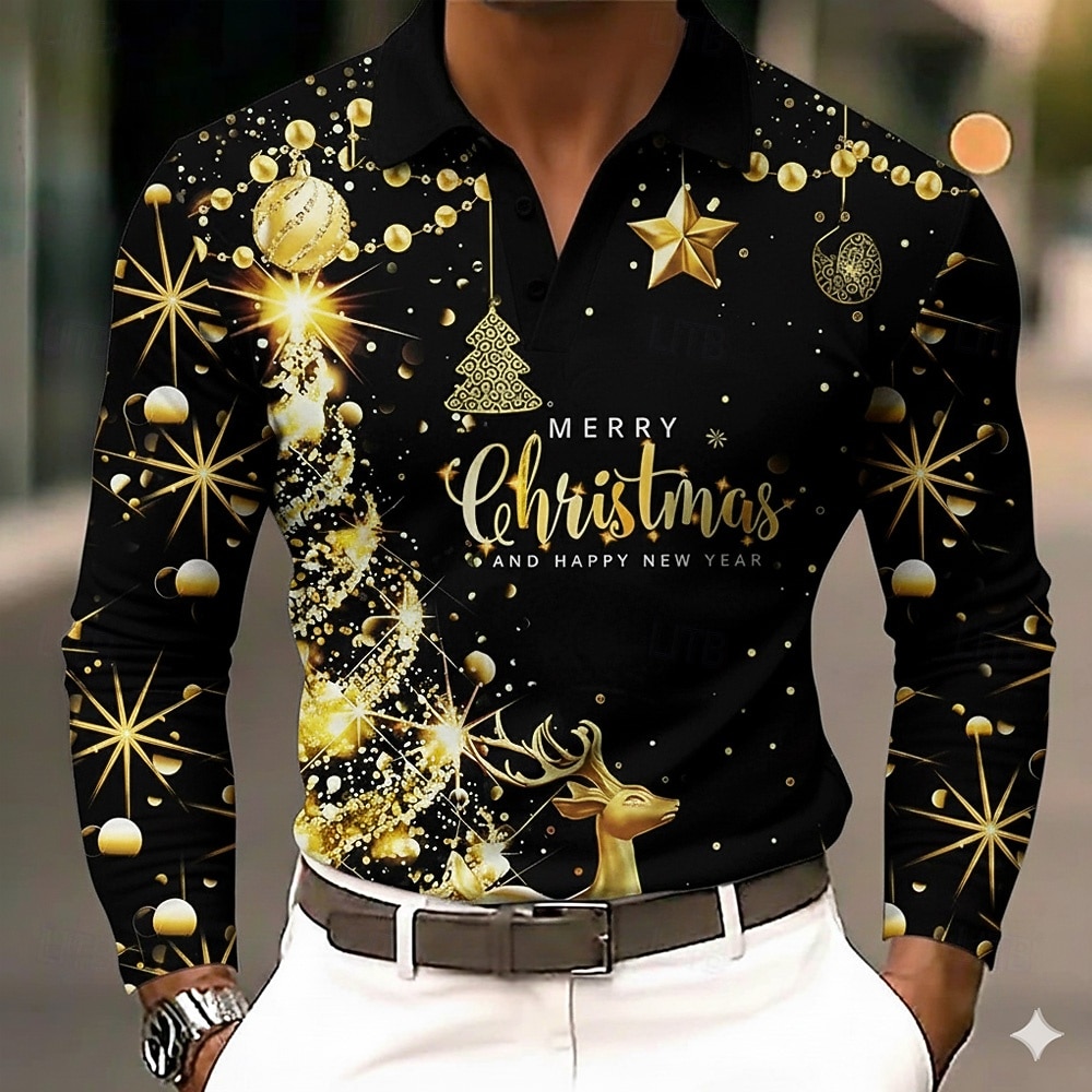 Kerstmis Voor heren Eland Kerstboom Polo Lange mouw Poloshirt Revers Casual Buiten Feestdagen Alledaagse kleding Festivaloutfit 3D-afdrukken Knop Lente Herfst Winter Zwart Rood Groen 2026 - $23.99 –P1