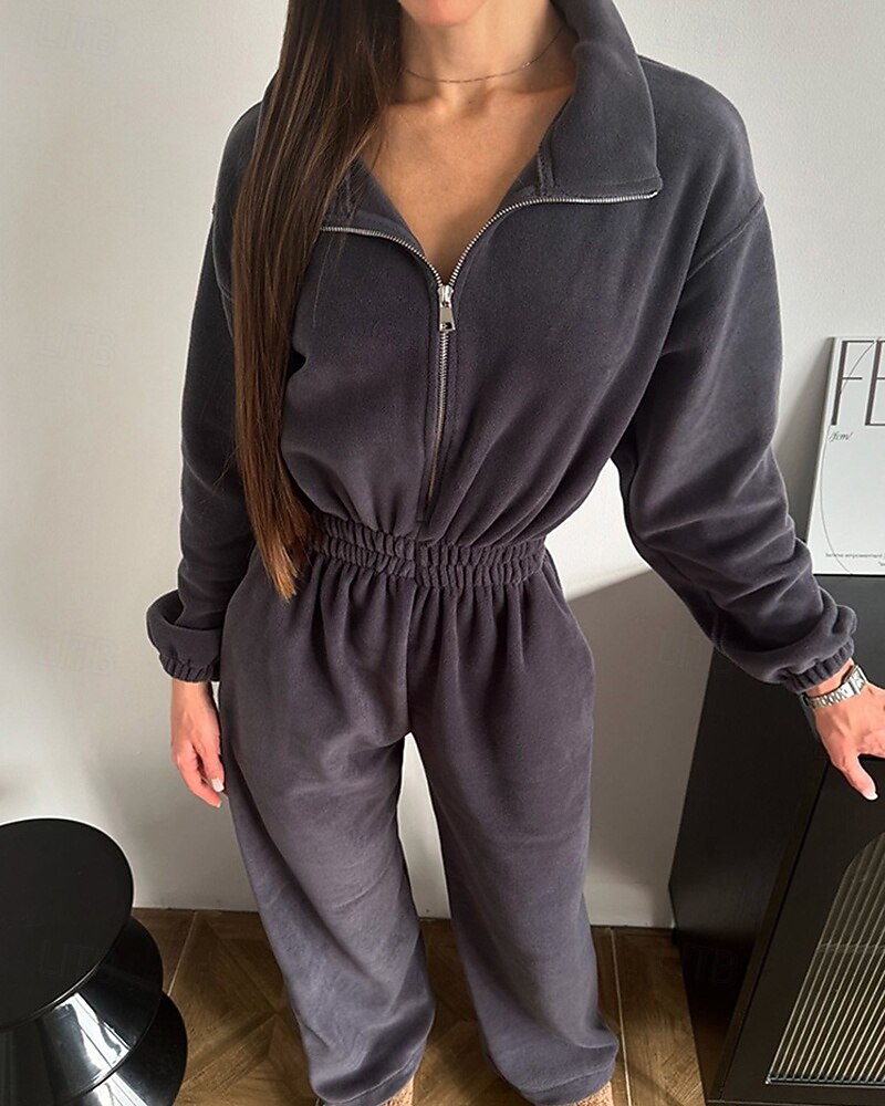 Dames Loungewear Rompertjes Modieus Sport Casual Heldere kleur Vetoketju Vakantie Huis Afspraakje Lange mouw Overhemdkraag Zwart Wit Wijn Bruin Donkergrijs Lente Herfst Winter Getailleerd 2026 - $43.99 –P4