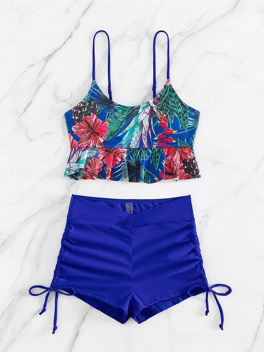 Dámský tankini 2-dílný plavecký úbor s řasením palm šortky kontrola břicha vysoký pas štíhlé bez zad dovolená plážové oblečení květinový kulatý výstřih bez rukávů 2026 - $24.99 –P16