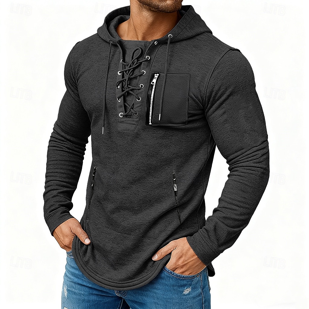 Herren T Shirt T-Shirt Langarmshirt Langarm Mit Kapuze Frühling & Herbst Ganzjahres Einfarbig Mode Designer Basic Schnürung Reißverschlusstasche Urlaub Straße Lässig Dunkelgrau Schwarz Koffee Top 2026 - $22.99 –P6