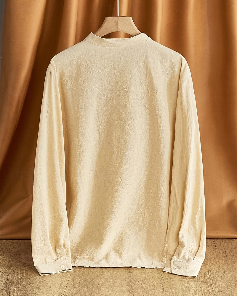 Per uomo Camicia Camicia di lino Camicia popover Camicia casual Camicia di cotone Semplice Vacanza Camicia hawaiana Nero Bianco Cachi Verde militare Manica Lunga Colletto alla coreana Primavera del 2025 a $24.99 –P3