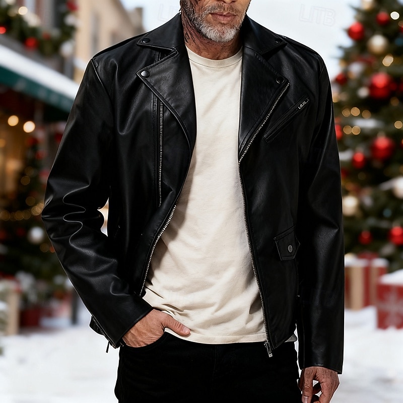 Муж. Кожаные куртки Байкерская куртка Мотоциклетная куртка Рождество Отпуск С защитой от ветра Сохраняет тепло Карман Осень Зима Полотняное плетение Мода Классика Лацкан Обычная Черный Красный Жакеты 2025 - $49.99 –P1