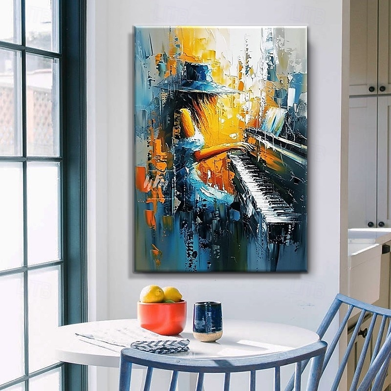 pictură în ulei lucrată manual pe pânză, artă de perete, figuri abstracte, fată cântând la pian, pentru acasă, decor pentru sala de clasă de muzică, cadru întins, pictură suspendată/pictură laminată 2026 - $80.99 –P1
