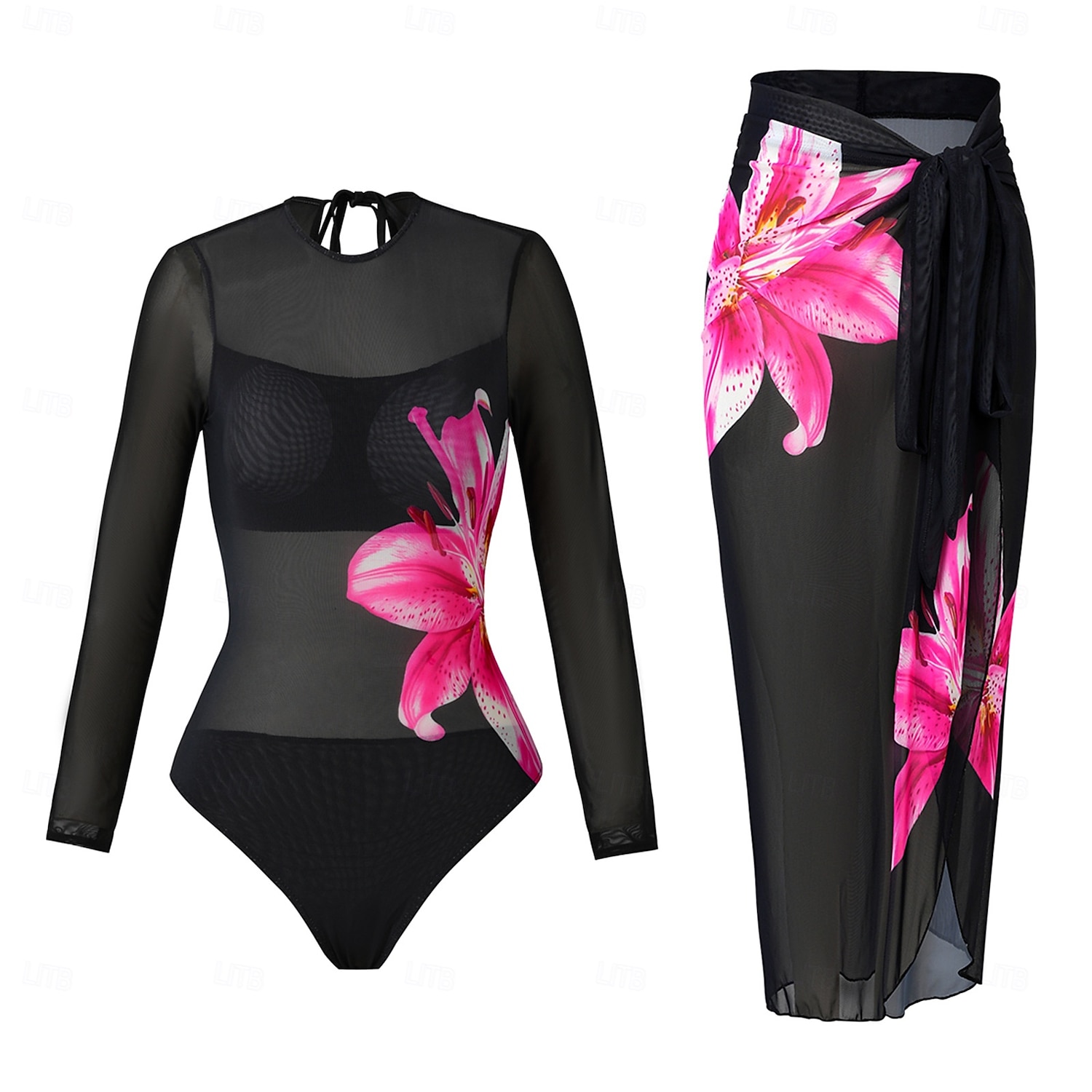 Damen Einteiler Badeanzug Schlankheits mit Rock Monokini Rock Netz Bauchkontrolle Hohe Taille Schlank Elegant Urlaub Floraler Rundhalsausschnitt Langarm Badeanzüge 2026 - $51.99 –P1