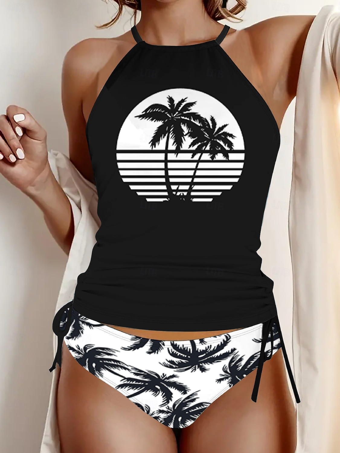 Kvinners Tankini 2 Delt Badedrakt Rynket Truser Magekontroll Høyt Liv Slank Ryggløs Ferie Strandtøy Blomster Grafisk U-Hals Ermeløse Badedrakter 2026 - $26.99 –P5