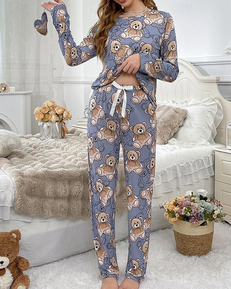Dame Pyjamas lounge Pyjamas Sett Fritid Tegneserie Elastisk midje Bukse Hjem Seng Langermet Crew-hals Blå Vår Høst Løstsittende 2025 - $23.99 –P3