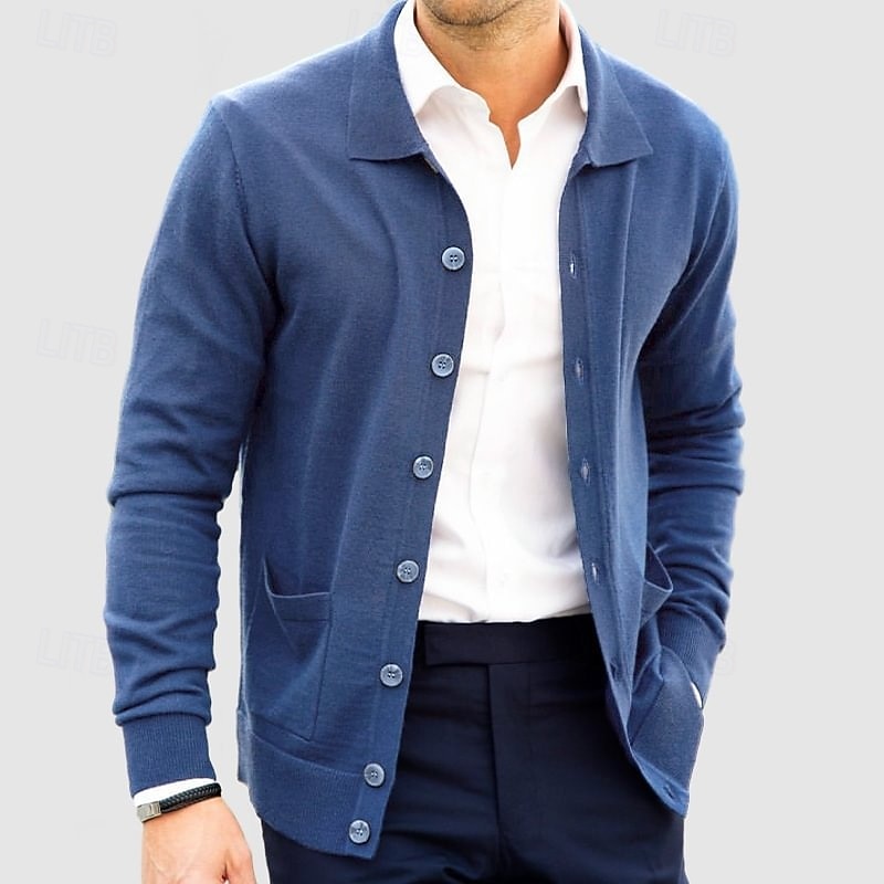 Men's Sweater Cardigan Sweater Ribbed Knit Regular Tops Knitted Plain Turndown Vacation Fashion Casual Office Clothing Apparel Spring &  Fall Navy Blue S M L 2026 - $36.99 –P6