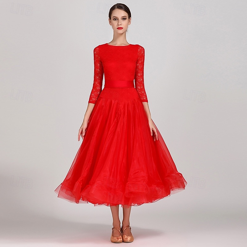 Abito da allenamento per ballo da sala da donna, elegante, nero, con maniche in pizzo, scollo a barca, valzer, tango, rumba moderna del 2026 a $161.99 –P9