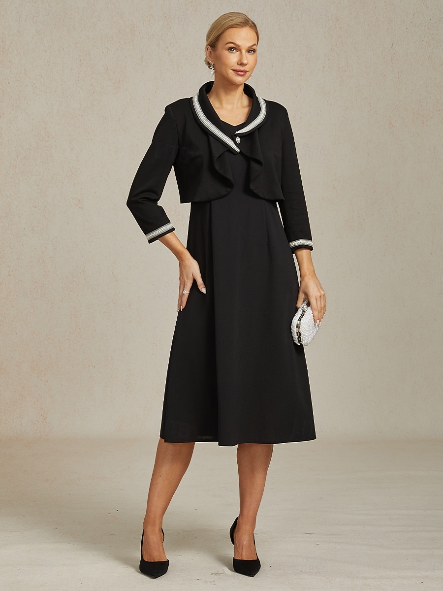 בגדי ריקוד נשים כפתור למעלה Ruched קפלים חרוזים אלגנטית שרוול 4\3 צווארון V Crop Tops עבודה אורחת חתונה לבוש קוקטייל שחור אביב סתיו חורף 2026 - KZT 14968.31 –P7