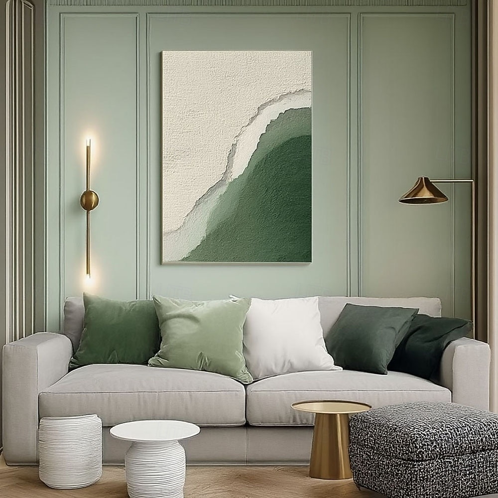 Regalo de Navidad: pinturas abstractas hechas a mano en tonos verde y beige, pintura de montaña, pinturas de paisaje verde, arte mural, gran panorama minimalista de valle, pintura al óleo 2026 - $107.99 –P3