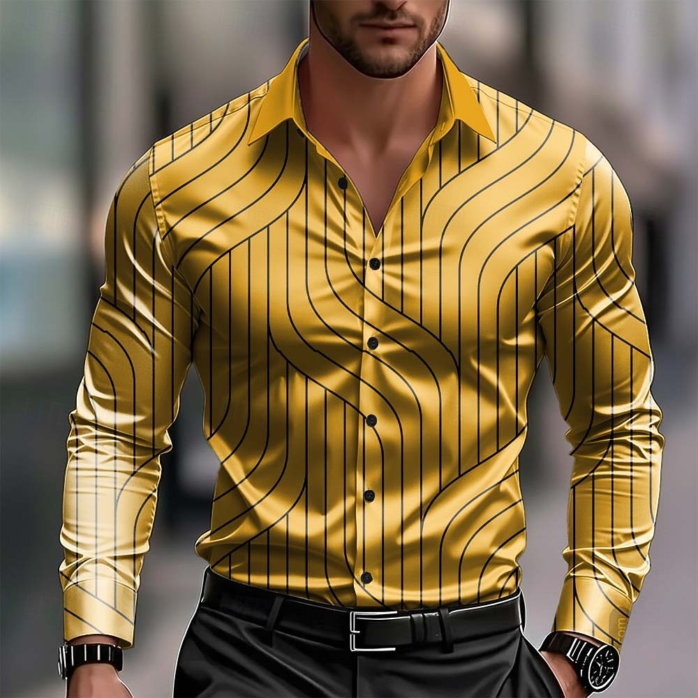 Men's Geometric Pattern Waves Abstract Art Shirt Satin Shirt Dress Shirt Long Sleeve Business Casual Vacation Dailywear Summer Spring Fall Turndown 3D Print Button Up Shirts Blue Black White Yellow 2025 - $27.99 –P4