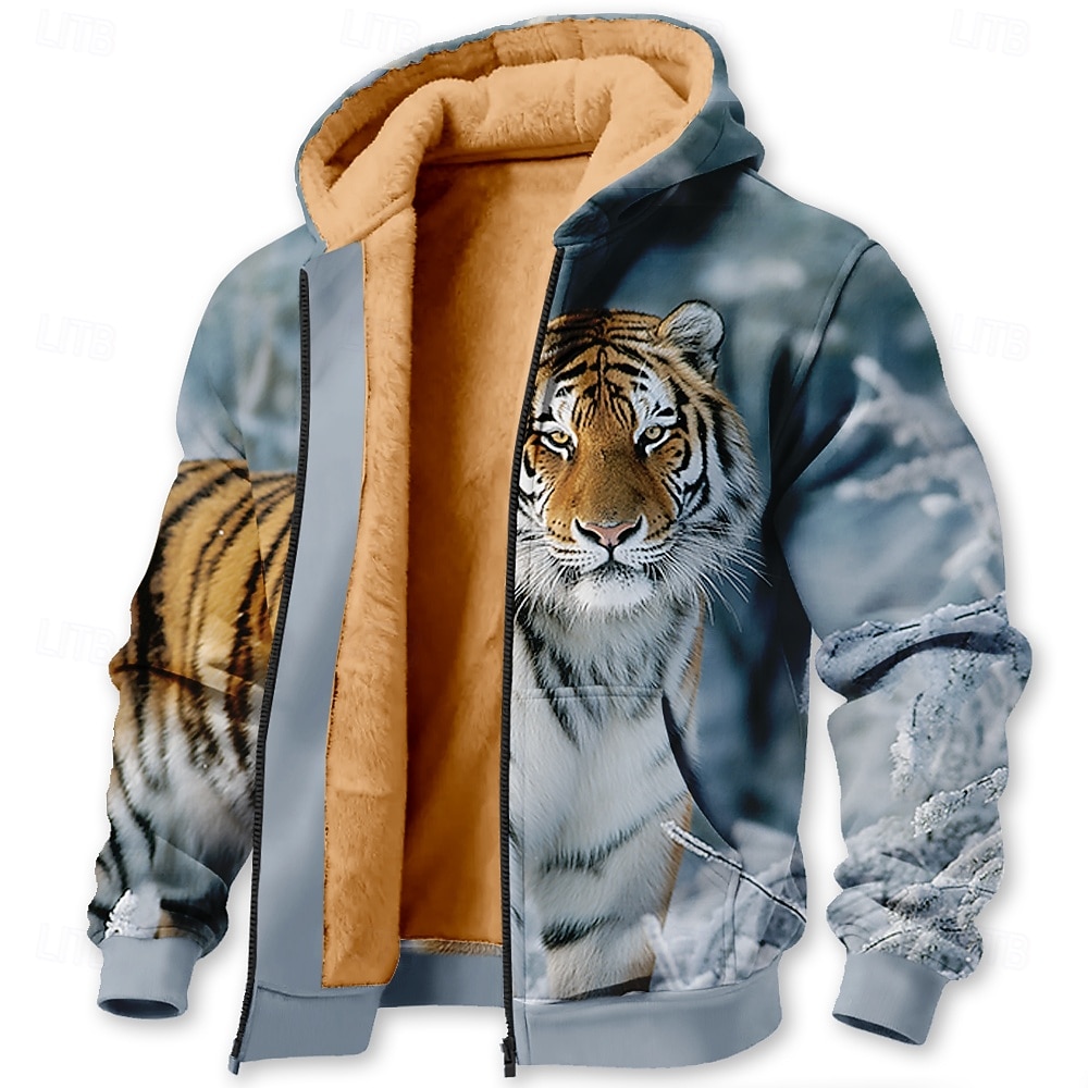 Herren Tiger Fleece Kapuzensweatshirt Jacke Pullover Klassisch Jagd Langarm Rundhalsausschnitt Outdoor Camping Blau Weiß Braun Kaffee Reißverschluss Herbst Winter Designer S M L XL 2XL 3XL 2026 - $41.99 –P1