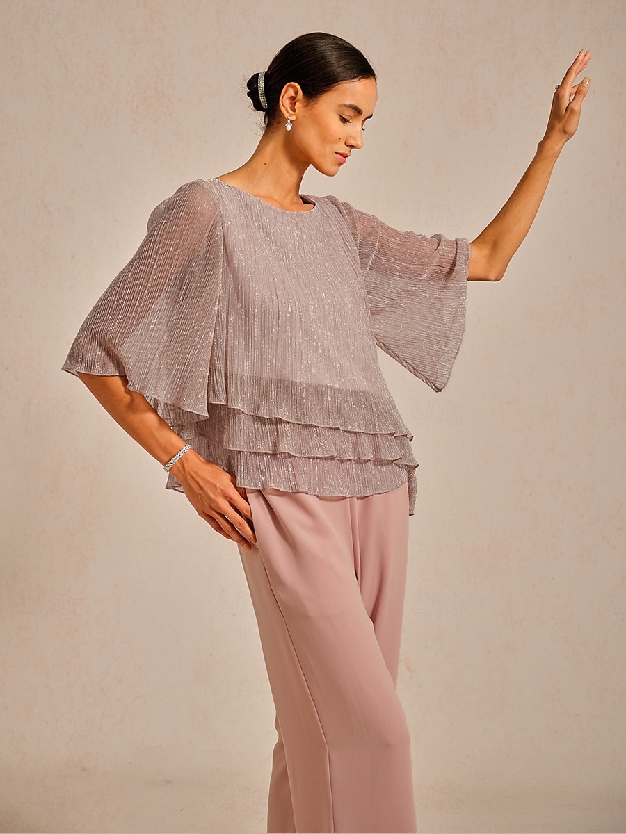 Dames Blouse Chiffon-topjes Kanten topjes Met ruches Schitteren Effen Kleur Elegant 3/4 mouw Strakke ronde hals Bruiloft gast Feestdagen Blozend Roze Zomer Lente Herfst 2026 - $59.99 –P4