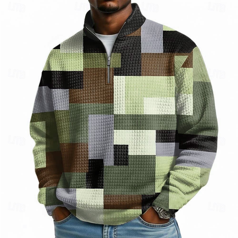 Per uomo Geometrico Plaid Nido d'ape Felpa Moda Quotidiano Classico Casual Collo alla coreana Zip a un quarto All'aperto Casa Ufficio Lavoro Blu Viola Verde Cachi Con zip Autunno Inverno progettista del 2026 a $28.99 –P4